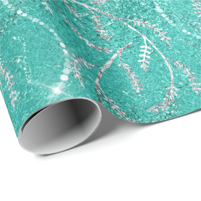 Aqua Tiffany Mint Laurel Floral Silver Diamonds Geschenkpapier (Rolleneckpunkt)
