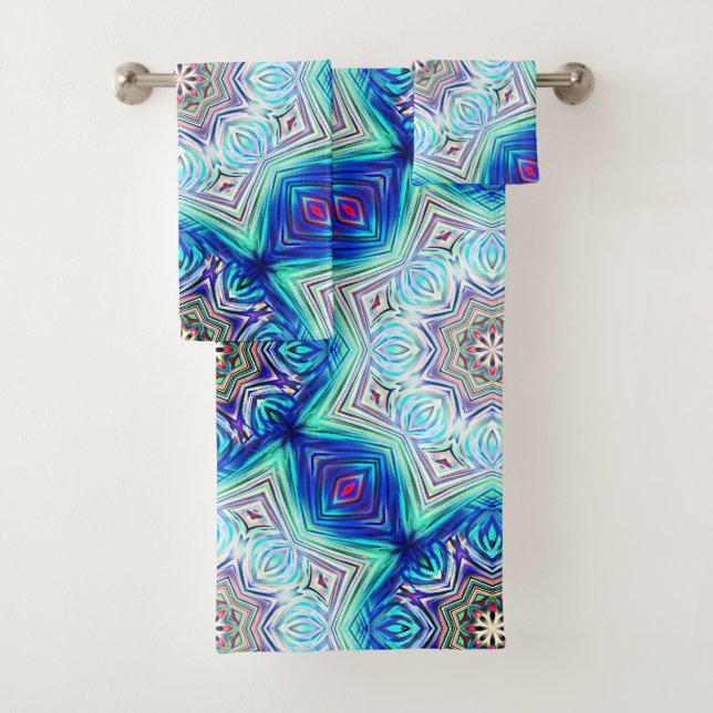 Aqua to Royal blue kaleidoscope 8 Punkte Stern Badhandtuch Set (Insitu)