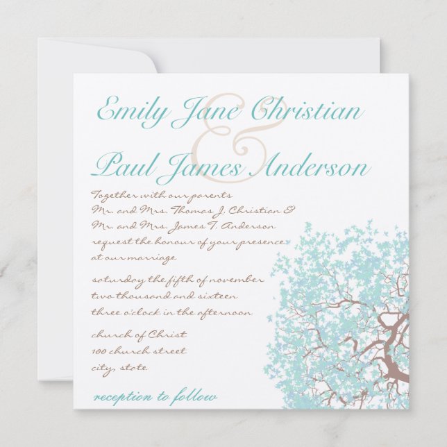 Aqua Tree Brown Trunk Wedding Invites Einladung (Vorderseite)
