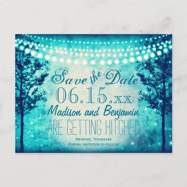 Aqua Trees String Lights Save the Date Postkarten (Vorderseite)