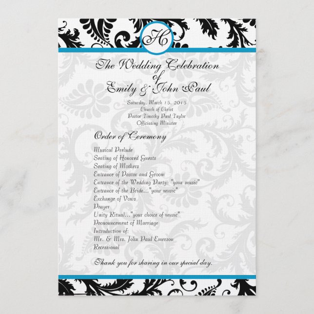 Aqua Trim Black Damask Wedding Program Programm (Vorderseite)