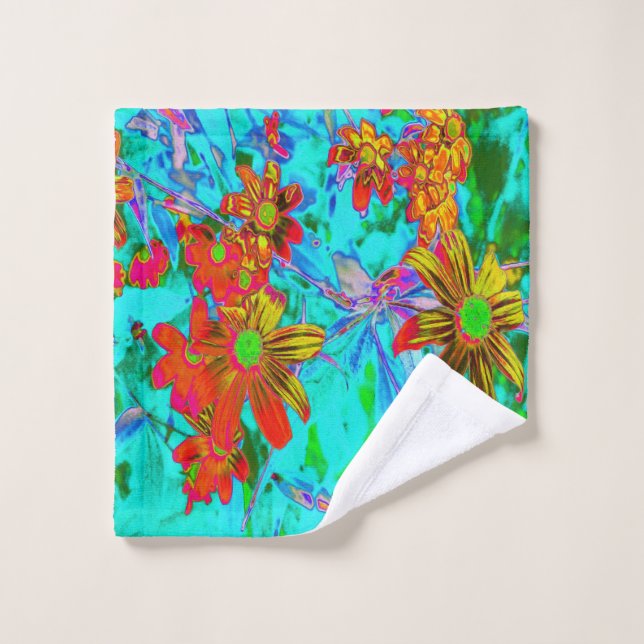 Aqua Tropical aux fleurs jaunes et orange (Gant de toilette)