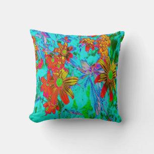 Aqua Tropical mit gelben und orangefarbenen Blume Kissen