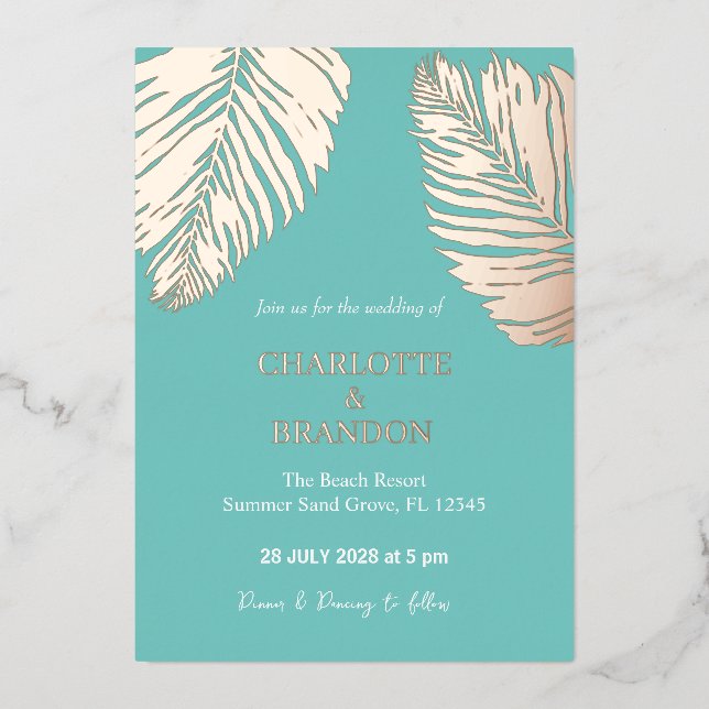 Aqua Tropical Palm Leaf Wedding Gold Folieneinladung (Vorderseite)