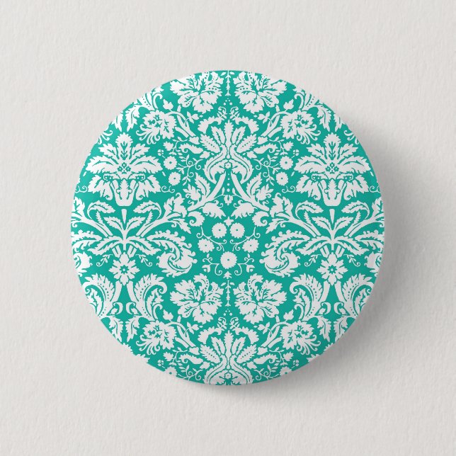 Aqua Türkis Aquamarines Damastmuster Button (Vorderseite)