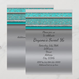 Aqua Türkis Blau & Silber Sweet 16 Einladungen