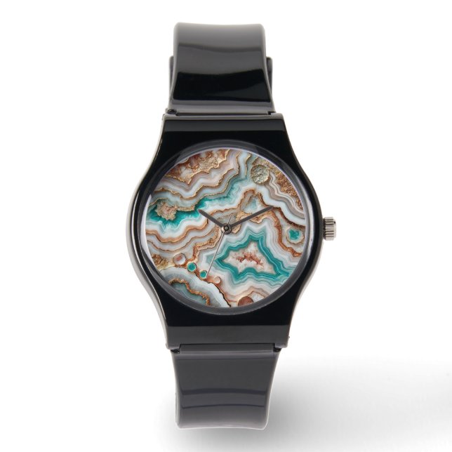 Aqua Türkis Blush Rosa Gold Marmormuster Armbanduhr (Vorderseite)