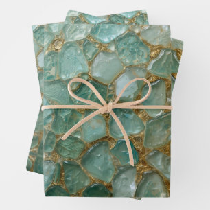 Aqua Türkis Gold Mosaik Wasserfarbe Meer Glas Must Geschenkpapier Set