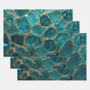 Aqua Türkis Gold Mosaik Wasserfarbe Meer Glas Must Geschenkpapier Set