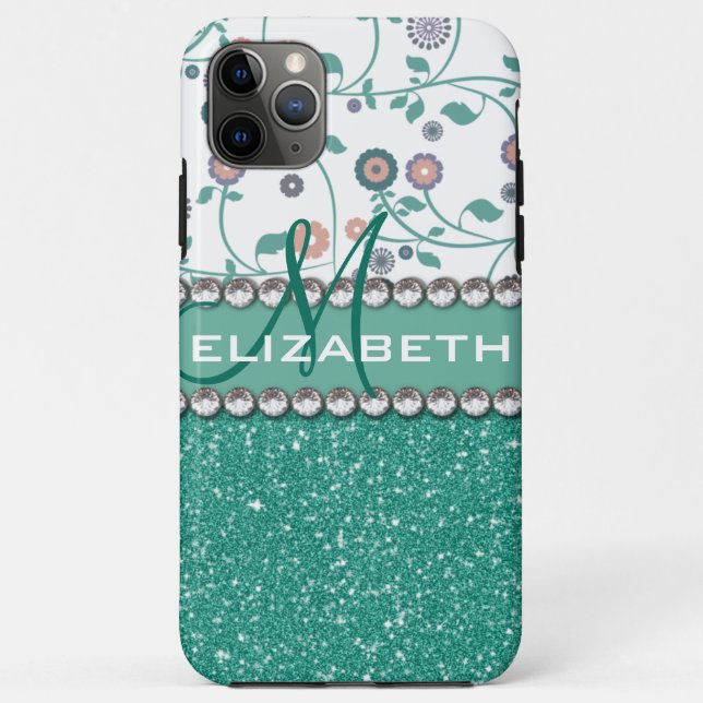Aqua-Türkis-Monogramm-Blumen-Glitzer-Muster Case-Mate iPhone Hülle (Rückseite)