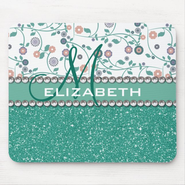 Aqua-Türkis-Monogramm-Blumen-Glitzer-Muster Mousepad (Vorne)