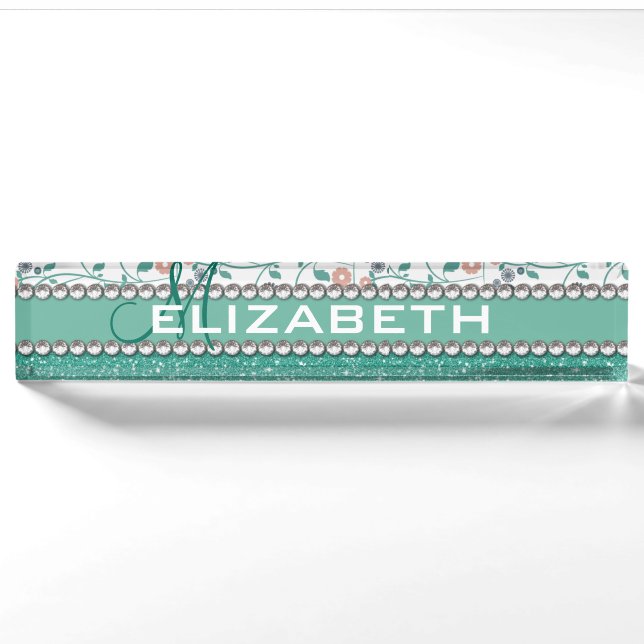 Aqua-Türkis-Monogramm-Blumen-Glitzer-Muster Namensplakette (Vorderseite)