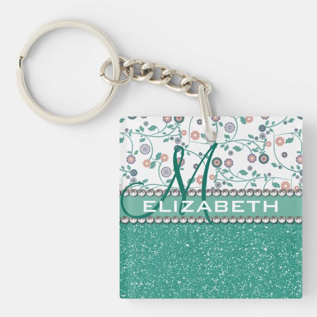 Aqua-Türkis-Monogramm-Blumen-Glitzer-Muster Schlüsselanhänger (Vorderseite)