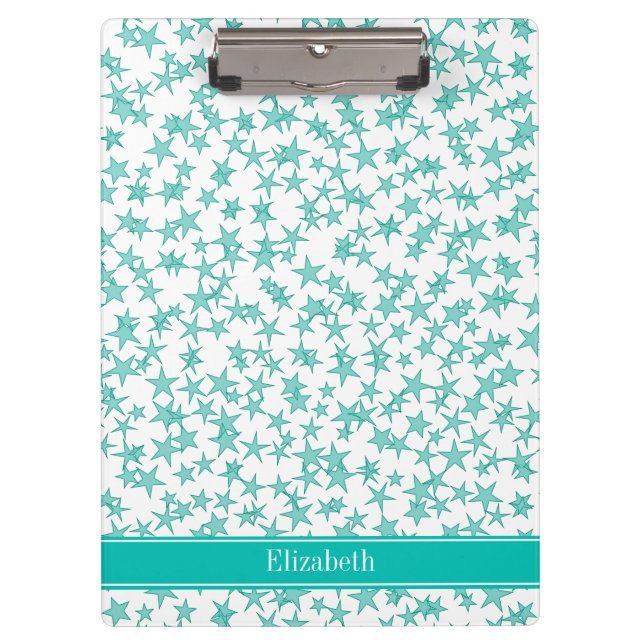 Aqua Türkis Stars Weiße BG, Aquamarine Bezeichnung Klemmbrett (Vorderseite)