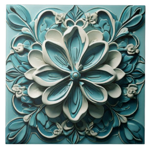 Aqua Türkis Teal Faux Relief Blumen Blüten Fliese