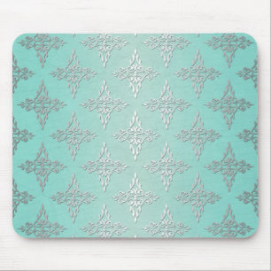 Aqua Türkis und silberweißes Damastmuster Mousepad