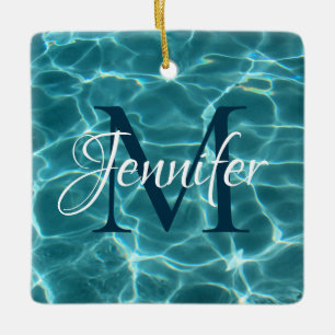Aqua Türkis und Weiß Schwimmbad Foto Monogramm Keramikornament