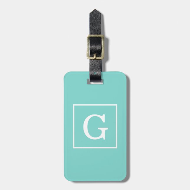 Aqua Türkis White Gerahmt Initial Monogram Gepäckanhänger (Vorderseite vertikal)
