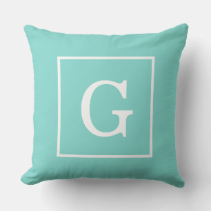 Aqua Türkis White Gerahmt Initial Monogram Kissen