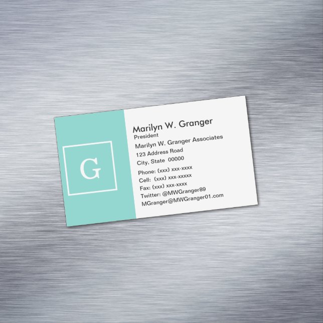 Aqua Türkis White Gerahmt Initial Monogram Magnetische Visitenkarte (Beispiel)