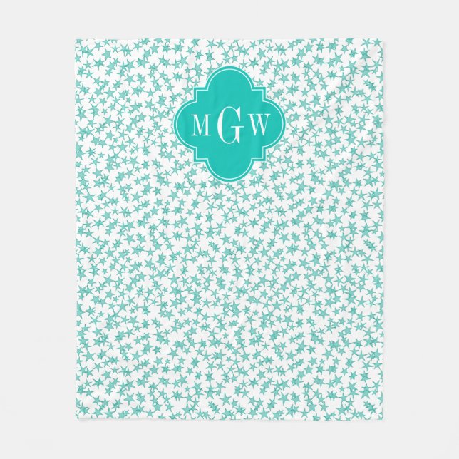 Aqua/Turq Weißsteine Aquamarin Quatrefolie 3 Monog Fleecedecke (Vorderseite)