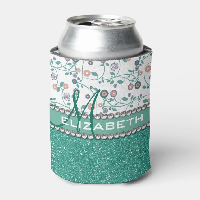 Aqua Turqoise Monogram Blume Glitzer Muster Dosenkühler (Kanne Vorderseite)