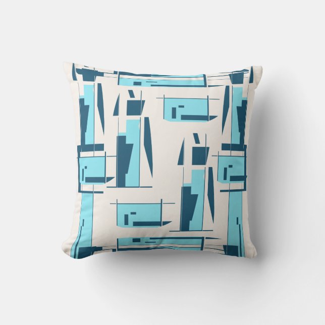 Aqua Turquoise auf weißen Formen und Linien Design Kissen (Vorderseite)