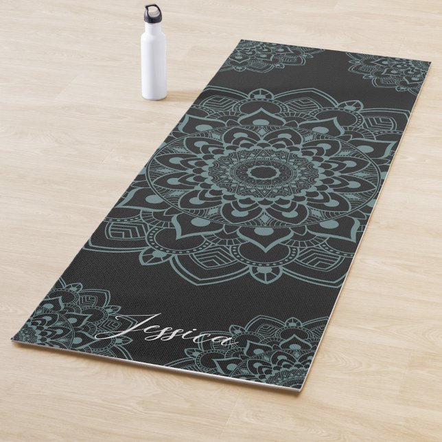 Aqua Turquoise & Black Mandala w Calligraphy Name Yogamatte (Von Creator hochgeladen)