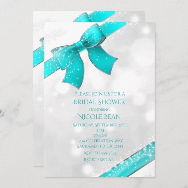 Aqua Turquoise Blue Bow & Sparkles Chic Invitation (Devant / Derrière)