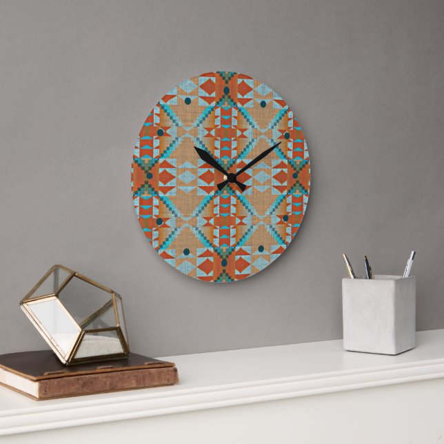 Aqua Turquoise Blue Orange Brown Tribal Muster Große Wanduhr (Büro)