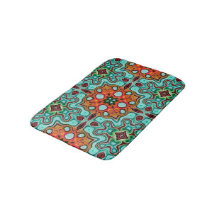 Aqua Turquoise Blue Orange Red Brown Stamm Art Badematte