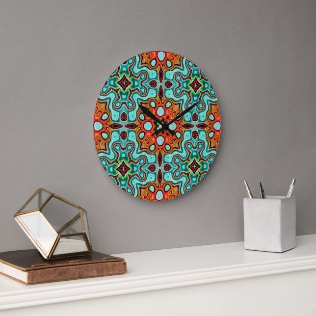 Aqua Turquoise Blue Orange Red Brown Stamm Art Große Wanduhr (Büro)