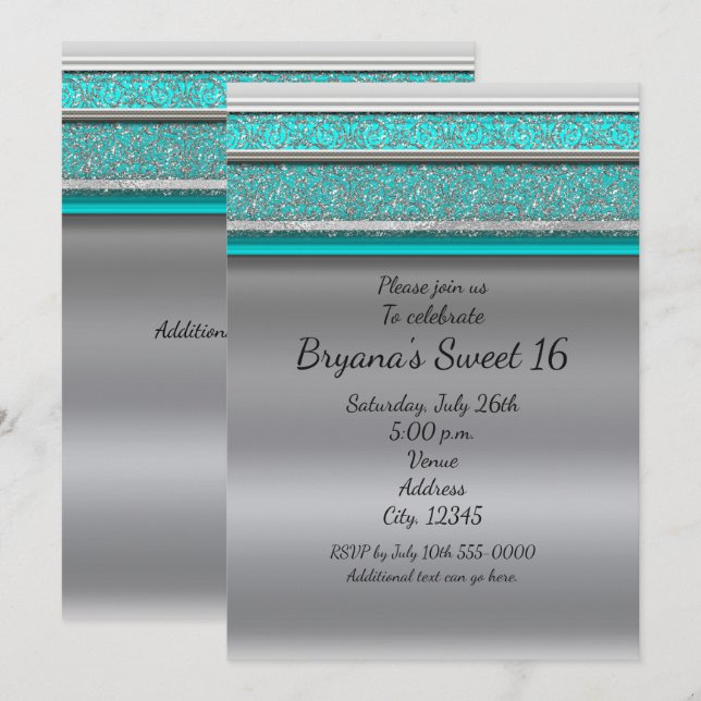 Aqua Turquoise Blue & Silver Sweet 16 Einladungen (Vorne/Hinten)