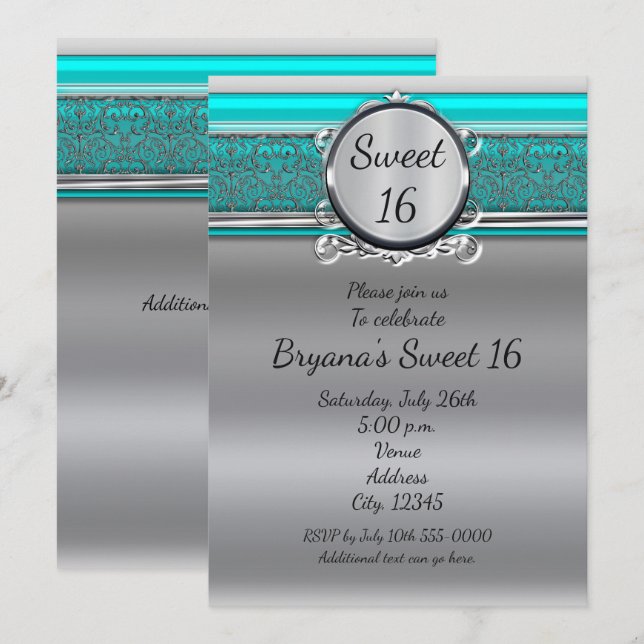 Aqua Turquoise Blue & Silver Sweet 16 Invitations (Devant / Derrière)
