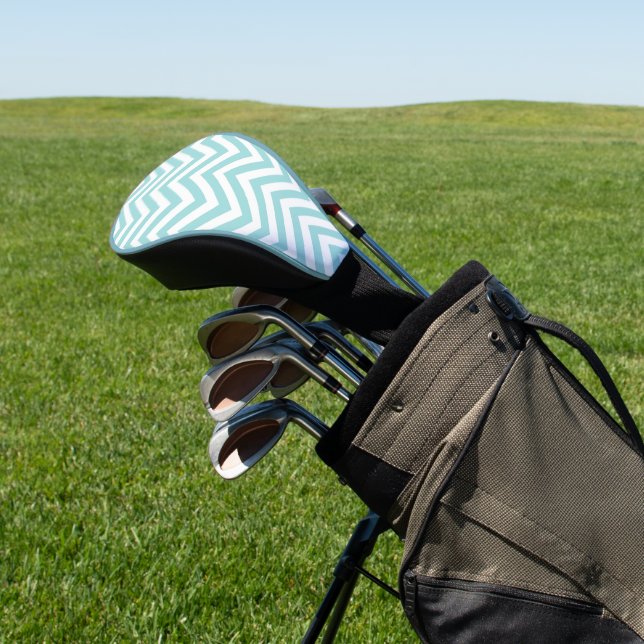 Aqua Turquoise Blue White Thin Chevron Stripes Golf Headcover (In SItu)