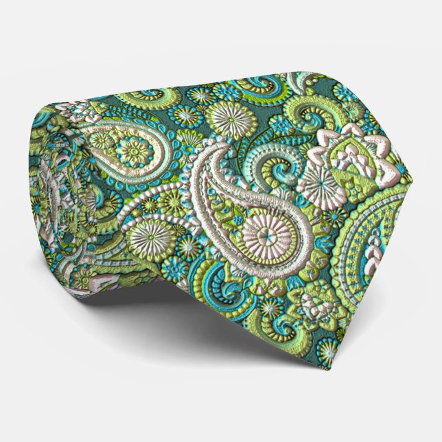 Aqua Turquoise Lime Green Paisley Floral Muster Krawatte (Gerollt)