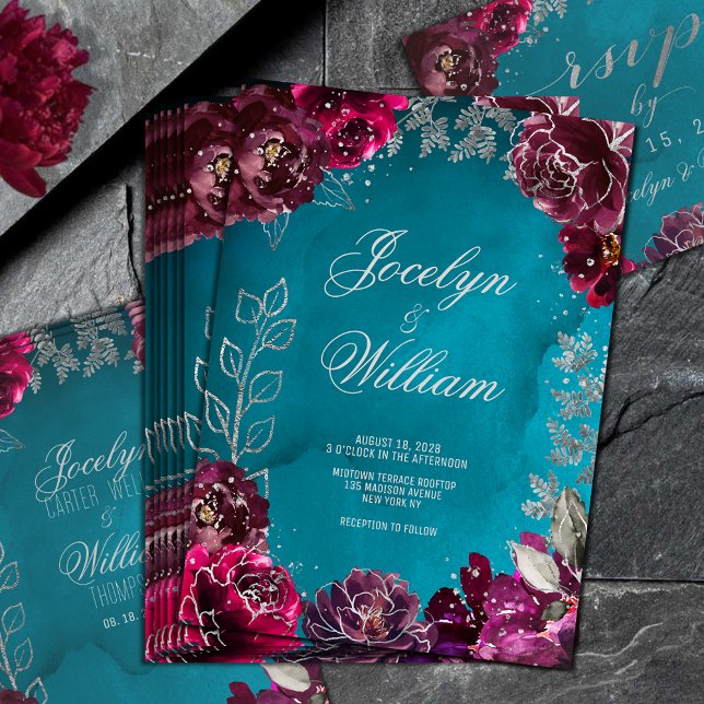 Aqua Turquoise Merlot Jewel Tone Faire-part de mar (Aqua Teal Merlot Jewel Tone Wedding Invitation)