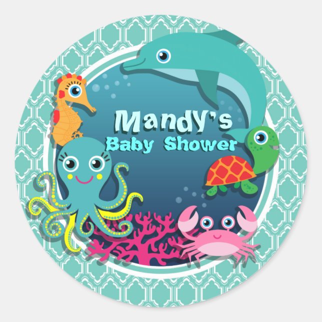 Aqua Turquoise Ocean Life Babydusche Runder Aufkleber (Vorderseite)
