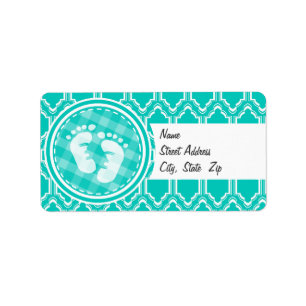 Aqua Turquoise Retro Baby Feet Babydusche Adressaufkleber