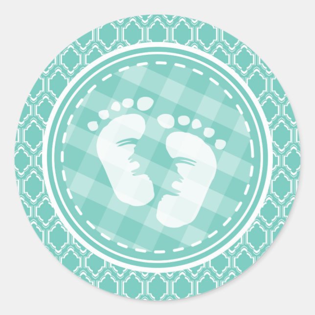 Aqua Turquoise Retro Baby Feet Babydusche Runder Aufkleber (Vorderseite)