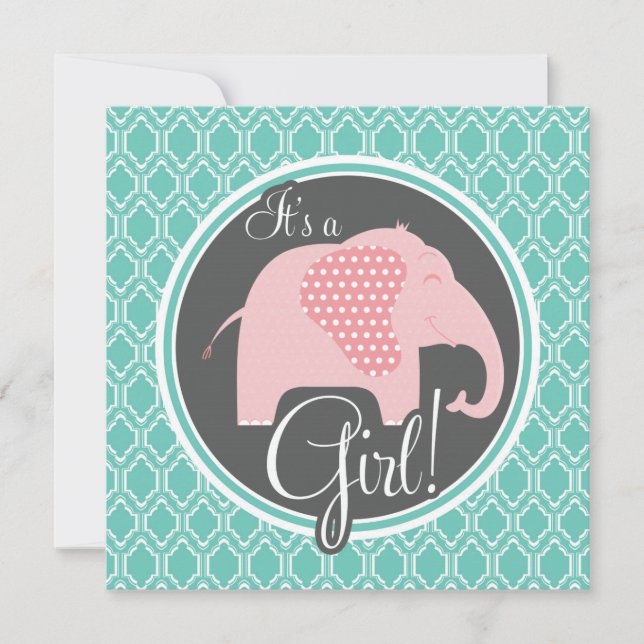 Aqua Turquoise Retro Baby Girl Elefantendusche Einladung (Vorderseite)