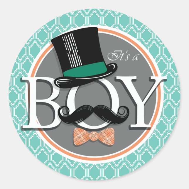 Aqua Turquoise Retro Funny Boy Baby Dusche Runder Aufkleber (Vorderseite)