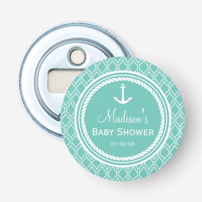Aqua Turquoise Retro Nautical Anchor Kinderdusche Flaschenöffner (Vorderseite)