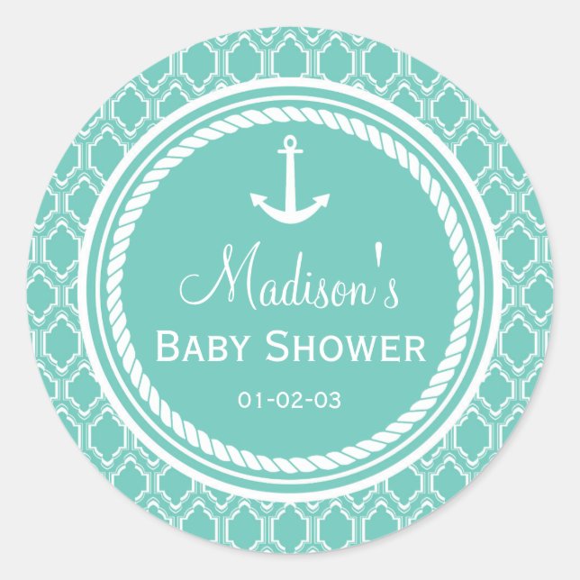 Aqua Turquoise Retro Nautical Anchor Kinderdusche Runder Aufkleber (Vorderseite)