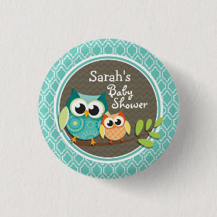 Aqua Turquoise Retro Owls Baby Dusche Button