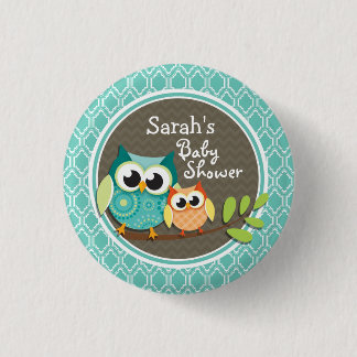 Aqua Turquoise Retro Owls Baby Dusche Button