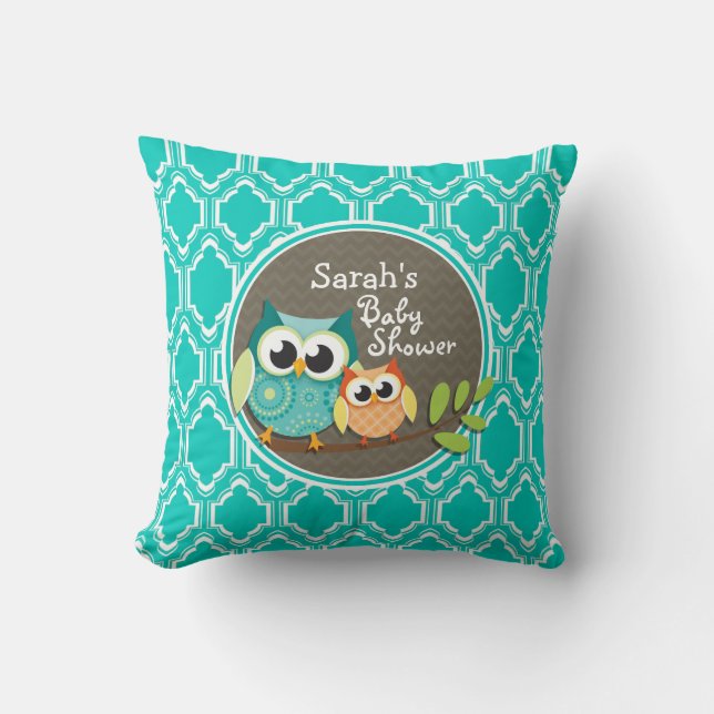 Aqua Turquoise Retro Owls Baby Dusche Kissen (Vorderseite)