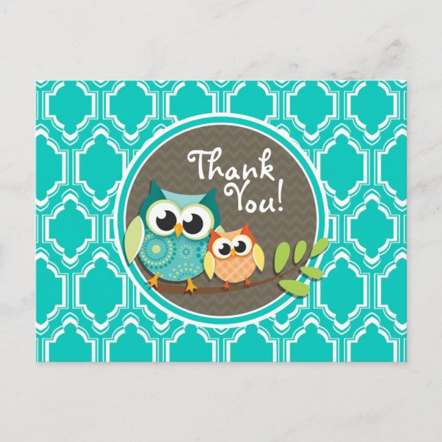 Aqua Turquoise Retro Owls Baby Dusche Postkarte (Vorderseite)