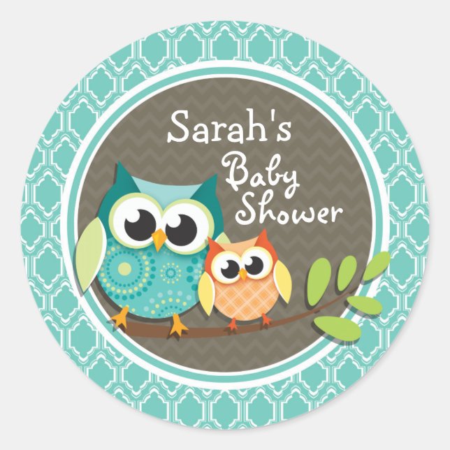 Aqua Turquoise Retro Owls Baby Dusche Runder Aufkleber (Vorderseite)