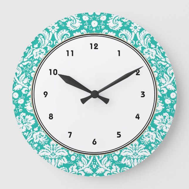 Aqua Turquoise Teal damask pattern Große Wanduhr (Vorderseite)